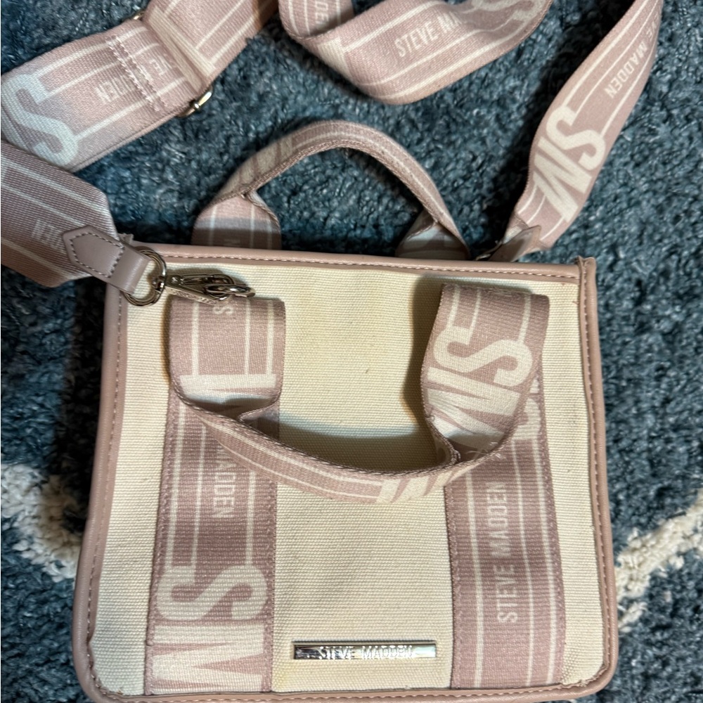 Steve Madden Pink and Cream Canvas Mini Crossbody Tote